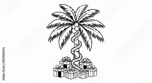 A black and white illustration of a palm tree decorated for holidays with presents at its base