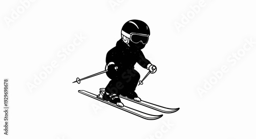A cartoon skier in black attire, wearing goggles and helmet, skis downhill