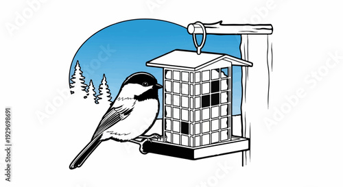 A charming illustration depicts a chickadee perched on a bird feeder in a winter forest scene