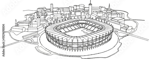 A sketch of an oval stadium surrounded by a city with diverse buildings