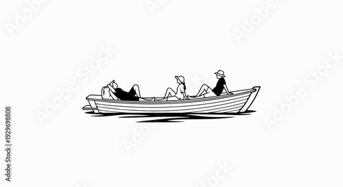Three figures relaxing in a simple rowboat on calm water