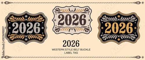 ornate american classic old west style medal typographic emblem, label design with decorative floral frame, vector color variants, editable tag, luxurious shape twenty twenty six.