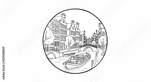 Charming canal scene with historical buildings, bridges, and boats in a circular frame