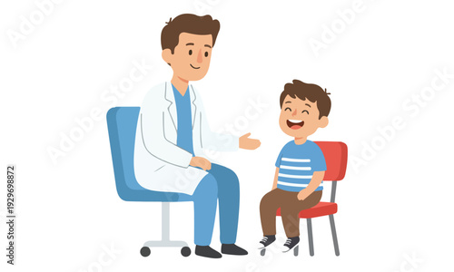 Pediatrician speaking with a young boy during check-up