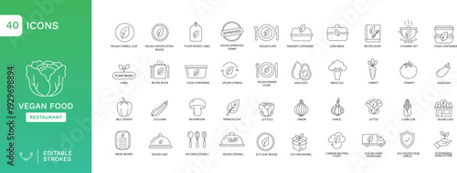 Vegan Food Restaurant Line Icons Set – 40 Editable Stroke Outline Icons for Plant-Based Menu, Organic Vegetables, Healthy Delivery, Eco Packaging and Sustainable Dining UI Design