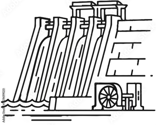 Stylized drawing shows a dam with water flowing through multiple spillways and a water wheel