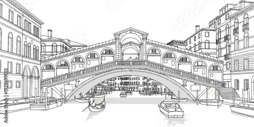 Sketchy line art of a grand arched bridge over a canal with buildings