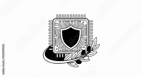Abstract emblem featuring a shield within a circuit board and an olive branch