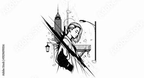 Sad girl in city with abstract lines