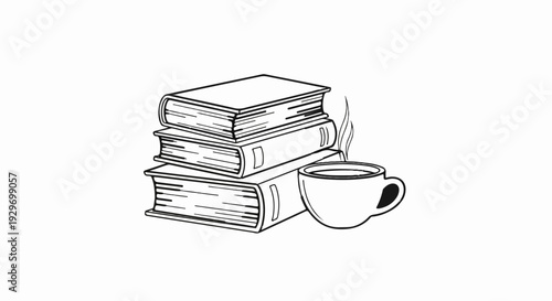 Stacked books with a steaming cup of coffee nearby, suggesting a cozy reading session