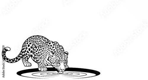 A spotted feline gracefully drinks from rippling water in a striking monochrome illustration