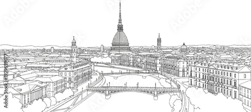 Panoramic sketch of a historic cityscape with a prominent central spire