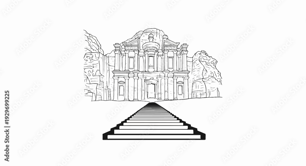 Fototapeta premium Ancient carved stone facade accessed by a long set of steps leading through a canyon