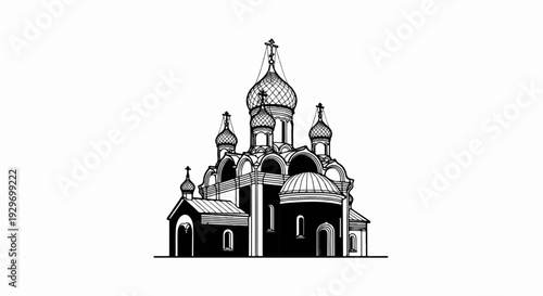 A black and white illustration of an ornate, domed church with multiple towers and a smaller chapel