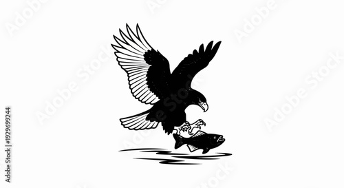 A black silhouette of an eagle swoops down to catch a fish