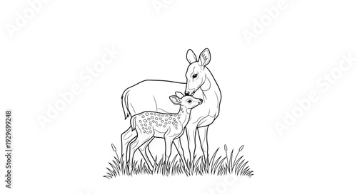 Graceful Deer Doe Nuzzling Fawn in Meadow Wilderness Coloring Outline. transparent.
