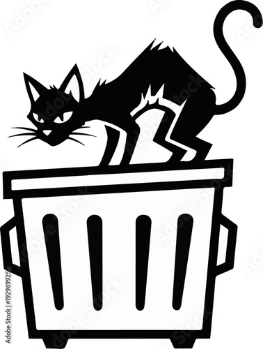 A black cat with sharp features stands arched over a trash can