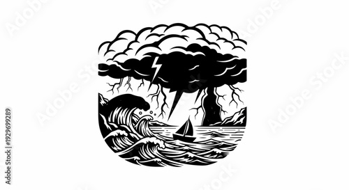 A lone sailboat navigates turbulent seas under a dramatic, lightning-filled storm cloud