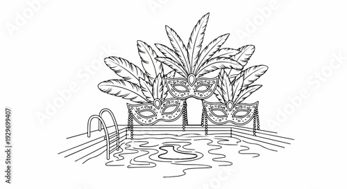 Three ornate masks with feathers rest on a pool edge, inviting revelry