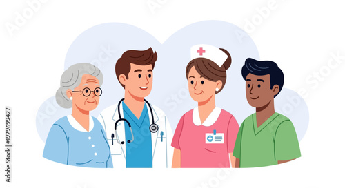 Diverse Healthcare Team: Doctor, Nurse, Caregiver, and Staff Illustrating Medical Collaboration and Patient Support