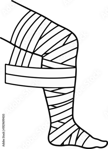 A leg and foot are wrapped in bandages, suggesting injury or medical care