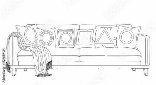 A line art drawing of a sofa with patterned pillows and a draped blanket