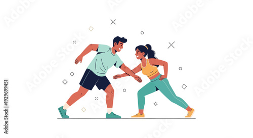 Smiling Duo Exercising: Happy Couple Working Out Together, Fitness & Healthy Lifestyle Illustration