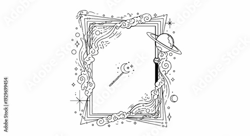 Cosmic frame with celestial objects, clouds, and a magic wand