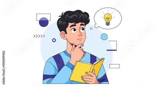 Young man pondering with a thought bubble containing a light bulb idea
