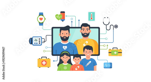 Family Digital Health and Telemedicine Concept. Remote Healthcare Monitoring and Virtual Medical Consultation for Modern Families. Connected Health Technology.
