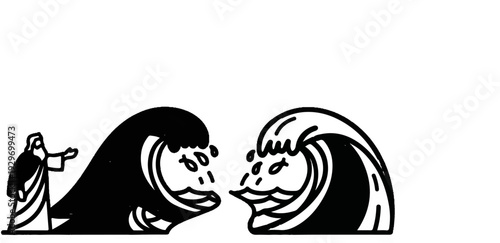 Man parts the sea, creating a path through the waves with water splashing