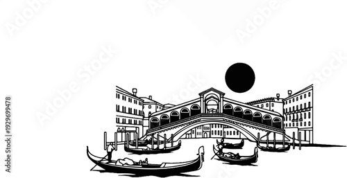 Black and white sketch of a famous bridge over a canal with gondolas