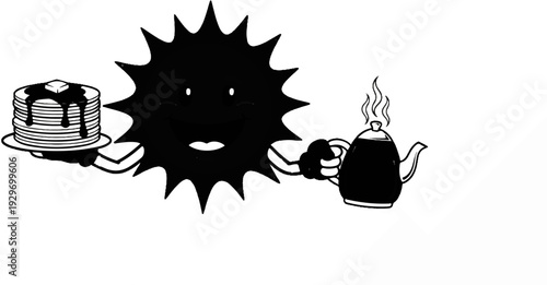 Cartoon sun character holding a stack of pancakes and a steaming teapot