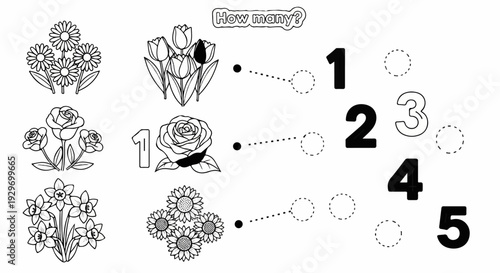 Educational worksheet with flower illustrations and numbers for counting practice