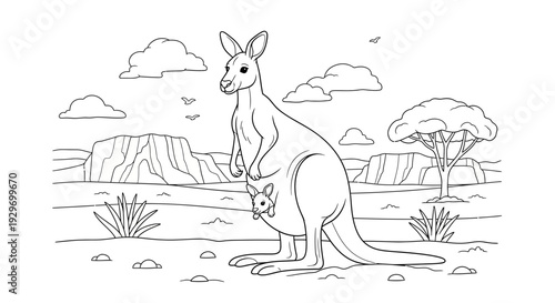 Kangaroo Joey Peeking from Pouch Australian Outback Line Art Coloring. transparent.