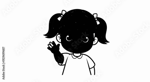 Cartoon girl with pigtails and bows waves hello cheerfully