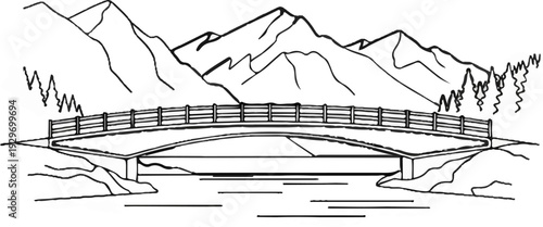 A scenic sketch depicts a bridge spanning a river with mountains and trees