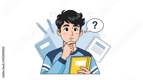 Young man pondering with question mark illustration for education concept