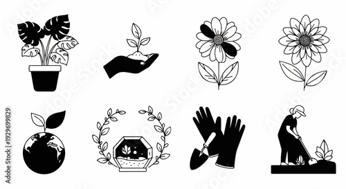 Iconography of growing plants, gardening tools, and earth care