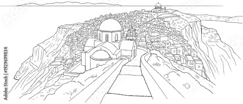 Coastal village with domed structures and winding paths climbs a rocky hillside by the sea