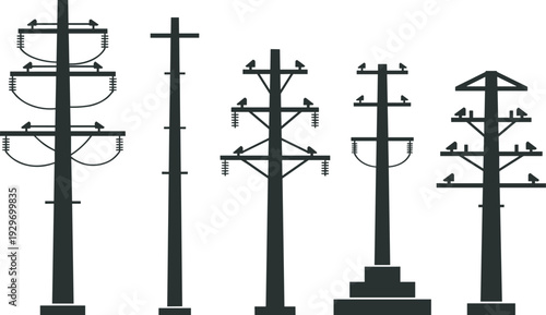 Silhouette of Electrical Utility Poles with High Voltage Power Lines, Industrial Energy Infrastructure, Transmission Tower Grid, Utility Lineman Working on Cables Vector Illustration Set