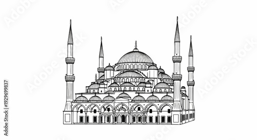 Detailed sketch of a grand mosque with multiple domes and minarets