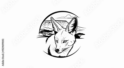 Stylized black and white illustration of a jackal in a circular frame with savanna landscape