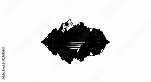 Black and white sketch of craggy mountains reflected in still water