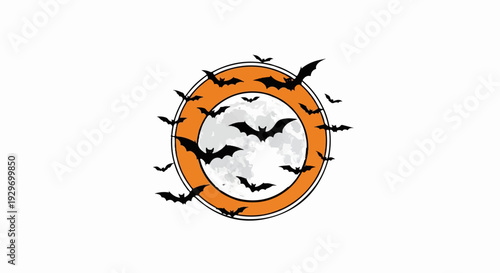A circle frames a full moon surrounded by a swarm of black bats