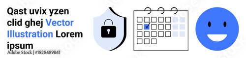 Data security, task planning, user management, online privacy, feedback systems, usability. Shield with a lock, calendar with checkmark smiling face. Cybersecurity and task planning concept
