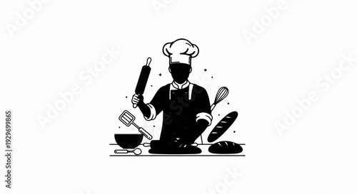 Black and white illustration of a chef preparing bread with baking tools and ingredients