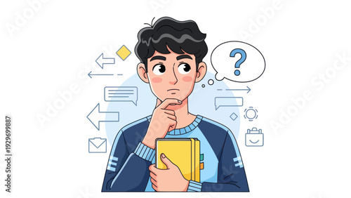 Young man pondering with question mark in thought bubble