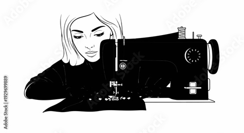 Focused woman sewing fabric with a vintage sewing machine