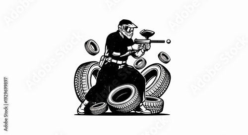 Player in protective gear aiming paintball marker amidst floating tires
